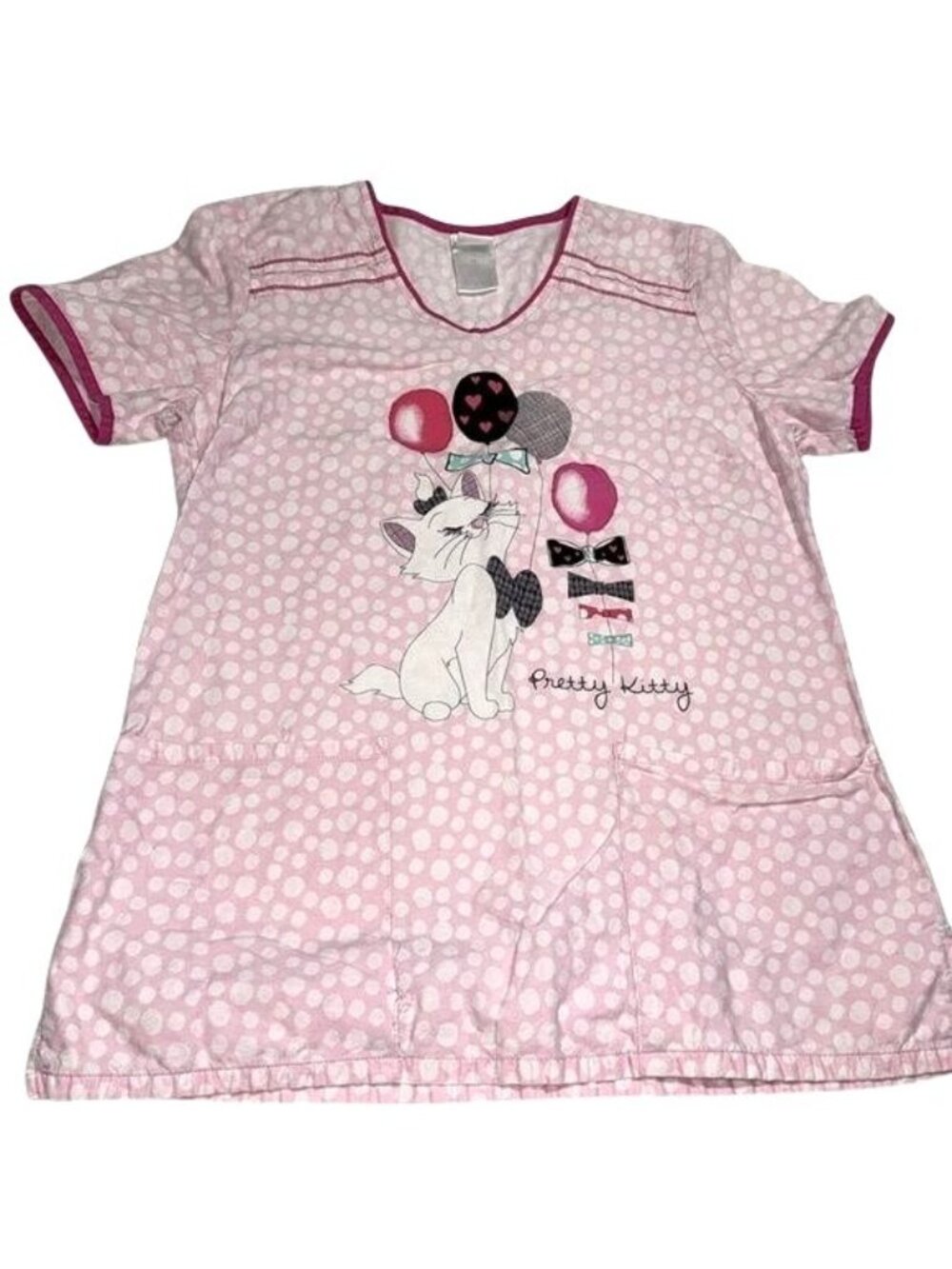 Disney Womens Pretty Kitty Pink Polka Dot Scrub Top XS 100% Cotton